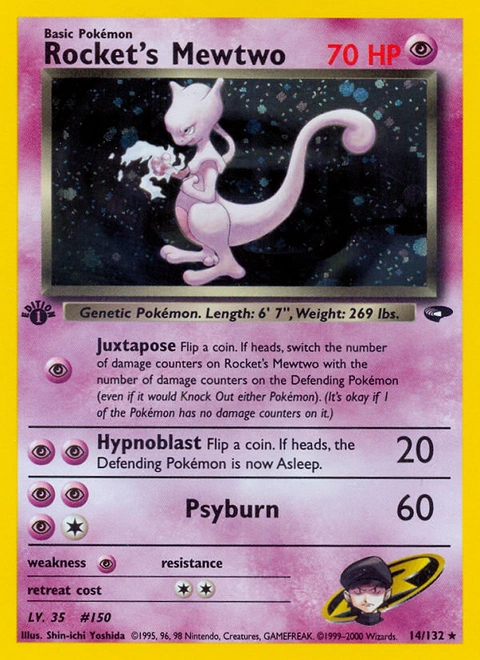 Rocket's Mewtwo Pokémon card from Gym Challenge, number 14 (1st Edition print)