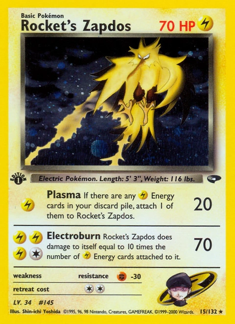 Rocket's Zapdos Pokémon card from Gym Challenge, number 15 (1st Edition print)