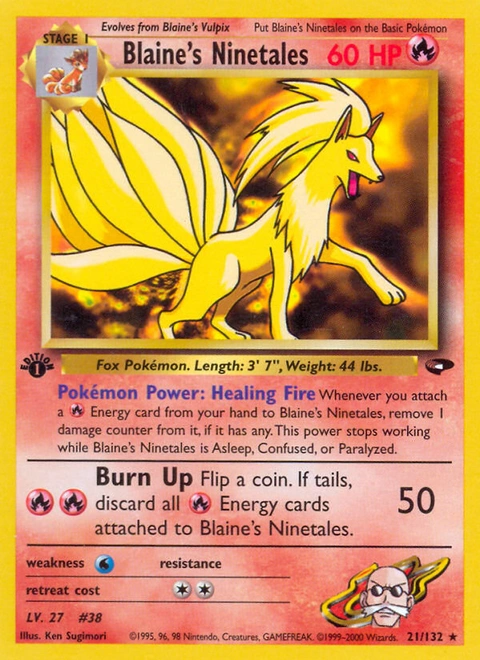 Blaine's Ninetales Pokémon card from Gym Challenge, number 21 (1st Edition print)