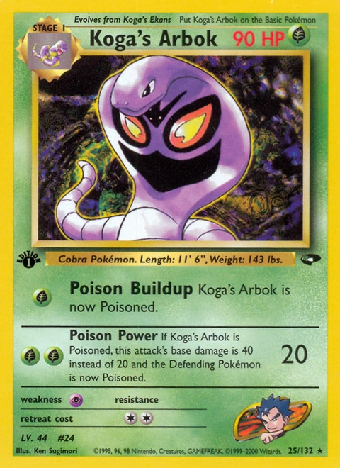 Koga's Arbok Pokémon card from Gym Challenge, number 25 (1st Edition print)