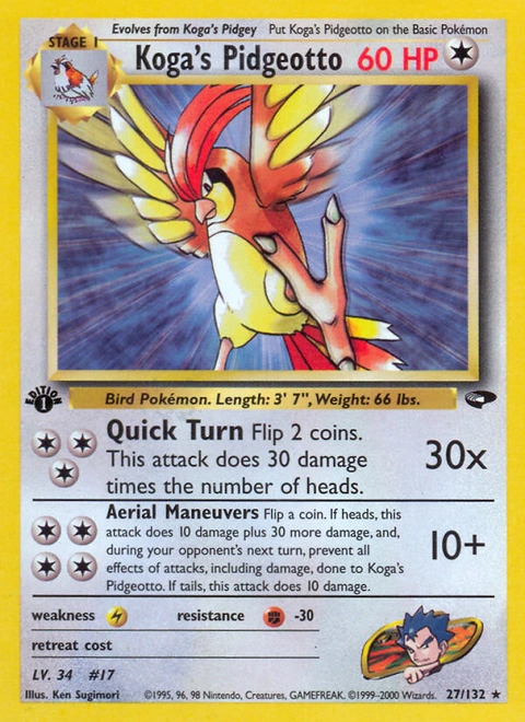 Koga's Pidgeotto Pokémon card from Gym Challenge, number 27 (1st Edition print)