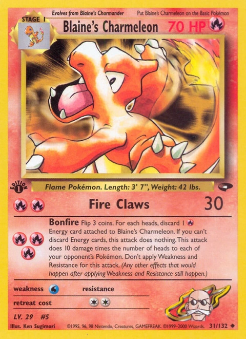 Blaine's Charmeleon Pokémon card from Gym Challenge, number 31 (1st Edition print)