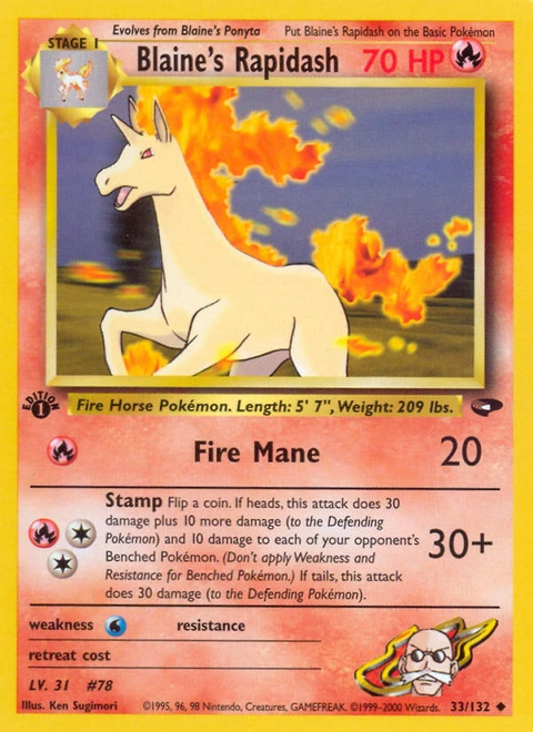 Blaine's Rapidash Pokémon card from Gym Challenge, number 33 (1st Edition print)