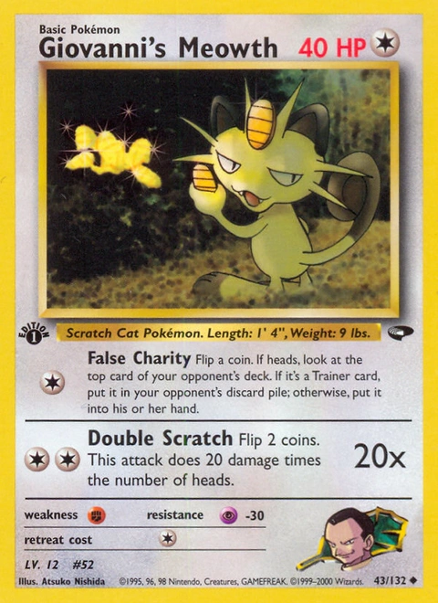 Giovanni's Meowth Pokémon card from Gym Challenge, number 43 (1st Edition print)