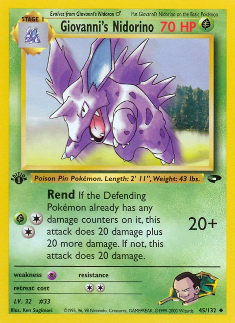 Giovanni's Nidorino Pokémon card from Gym Challenge, number 45 (1st Edition print)