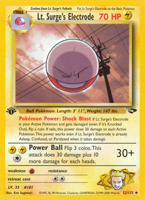 Lt. Surge's Electrode Pokémon card from Gym Challenge, number 52 (1st Edition print)