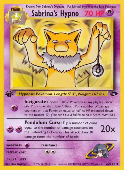 Sabrina's Hypno Pokémon card from Gym Challenge, number 56 (1st Edition print)