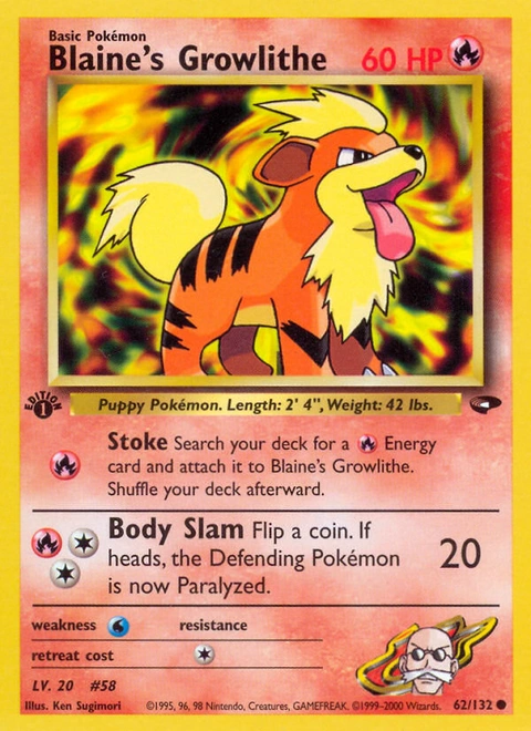 Blaine's Growlithe Pokémon card from Gym Challenge, number 62 (1st Edition print)