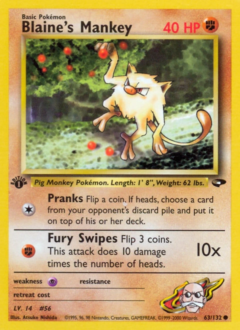 Blaine's Mankey Pokémon card from Gym Challenge, number 63 (1st Edition print)