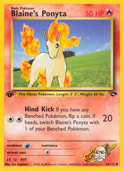 Blaine's Ponyta Pokémon card from Gym Challenge, number 64 (1st Edition print)