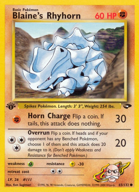 Blaine's Rhyhorn Pokémon card from Gym Challenge, number 65 (1st Edition print)