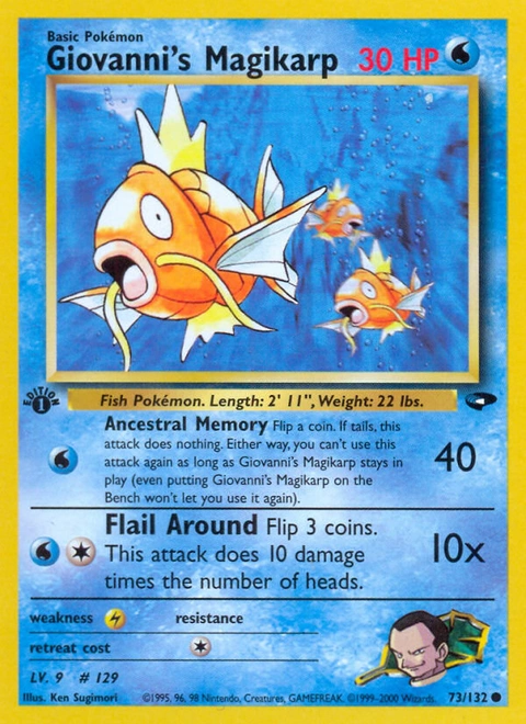 Giovanni's Magikarp Pokémon card from Gym Challenge, number 73 (1st Edition print)