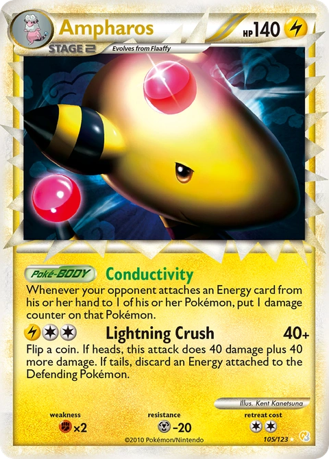 Ampharos Pokémon card from HeartGold & SoulSilver, number 105 (Holo print)