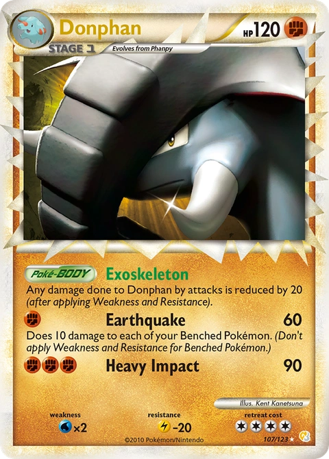 Donphan Pokémon card from HeartGold & SoulSilver, number 107 (Holo print)