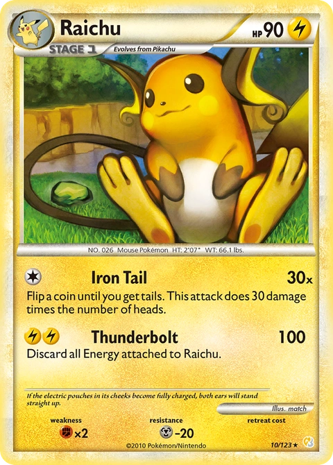 Raichu Pokémon card from HeartGold & SoulSilver, number 10 (Holo print)