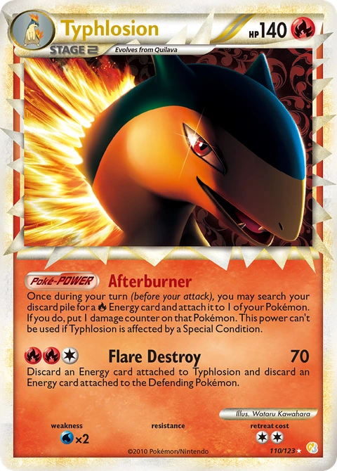 Typhlosion Pokémon card from HeartGold & SoulSilver, number 110 (Holo print)