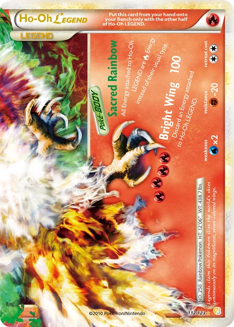 Ho-Oh LEGEND Pokémon card from HeartGold & SoulSilver, number 112 (Holo print)
