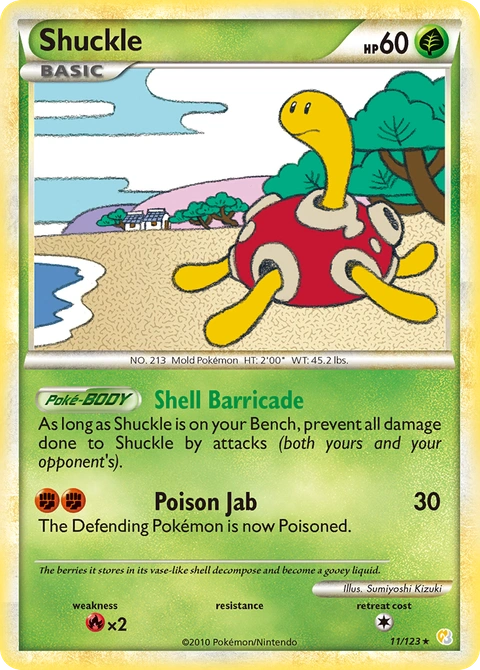 Shuckle Pokémon card from HeartGold & SoulSilver, number 11 (Holo print)