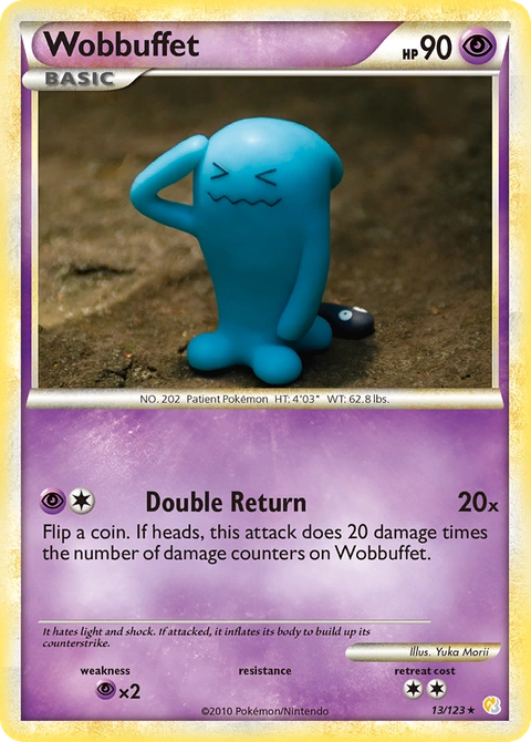 Wobbuffet Pokémon card from HeartGold & SoulSilver, number 13 (Holo print)