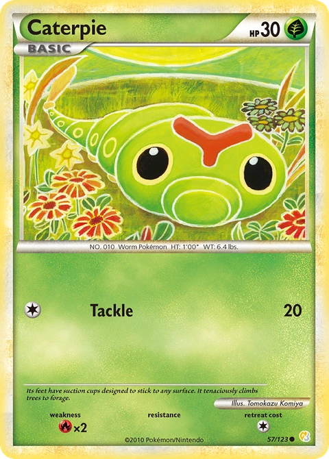 Caterpie Pokémon card from HeartGold & SoulSilver, number 57 (Standard print)