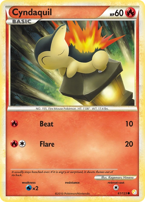 Cyndaquil Pokémon card from HeartGold & SoulSilver, number 61 (Standard print)