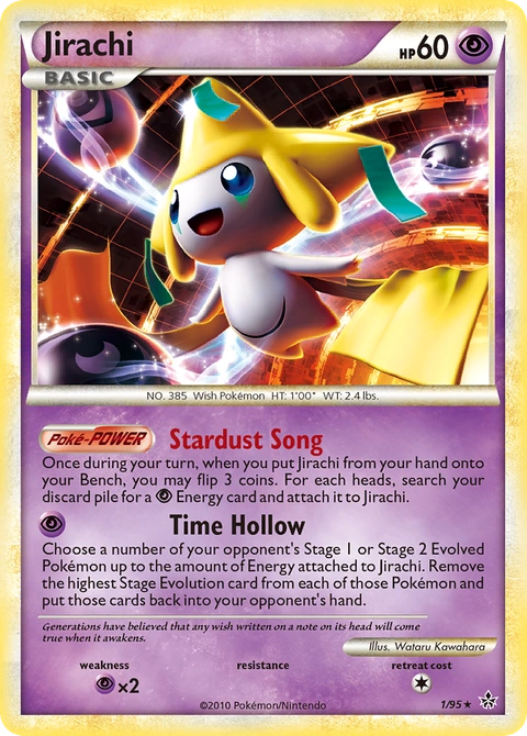 Jirachi Pokémon card from HS—Unleashed, number 1 (Holo print)