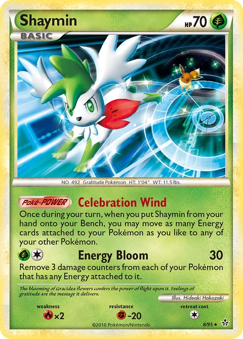 Shaymin Pokémon card from HS—Unleashed, number 8 (Holo print)