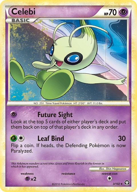 Celebi Pokémon card from HS—Triumphant, number 3 (Holo print)