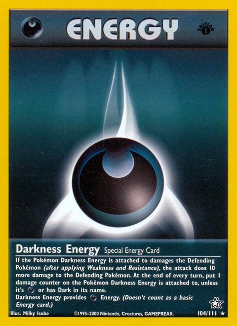 Darkness Energy Pokémon card from Neo Genesis, number 104 (1st Edition print)