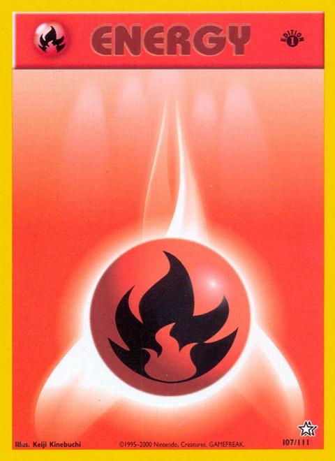 Fire Energy Pokémon card from Neo Genesis, number 107 (1st Edition print)