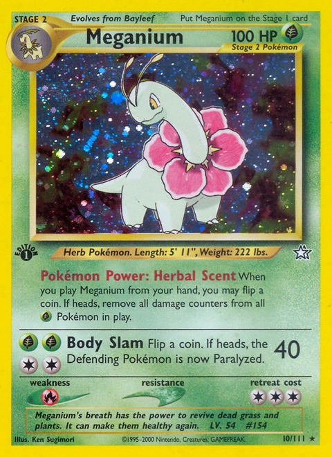 Meganium Pokémon card from Neo Genesis, number 10 (1st Edition print)