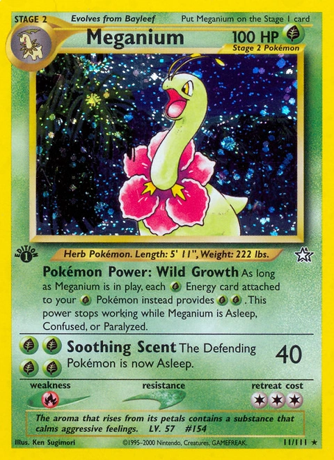 Meganium Pokémon card from Neo Genesis, number 11 (1st Edition print)