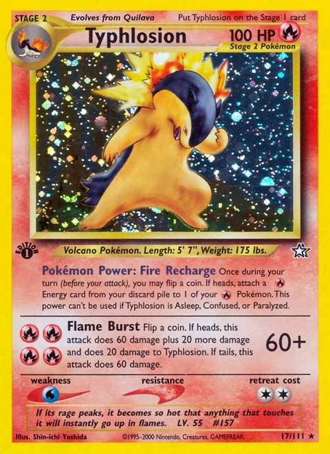 Typhlosion Pokémon card from Neo Genesis, number 17 (1st Edition print)