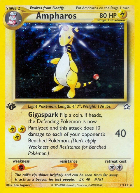 Ampharos Pokémon card from Neo Genesis, number 1 (1st Edition print)