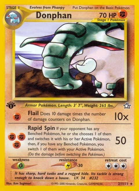 Donphan Pokémon card from Neo Genesis, number 21 (1st Edition print)