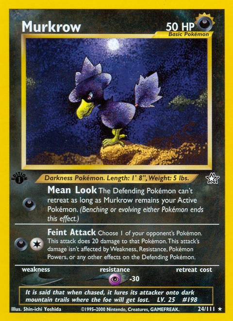 Murkrow Pokémon card from Neo Genesis, number 24 (1st Edition print)