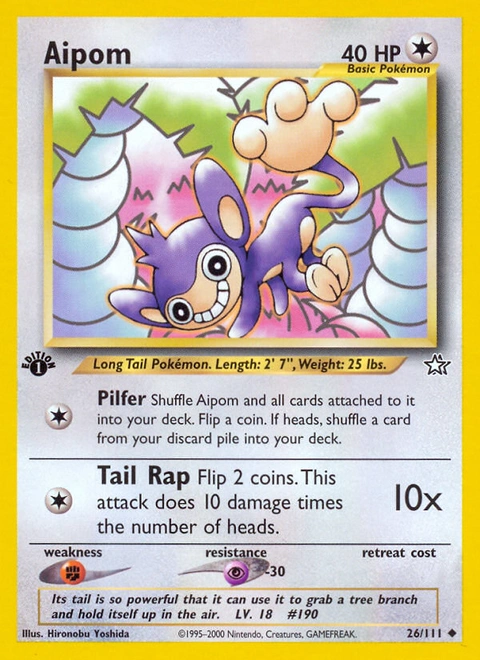 Aipom Pokémon card from Neo Genesis, number 26 (1st Edition print)