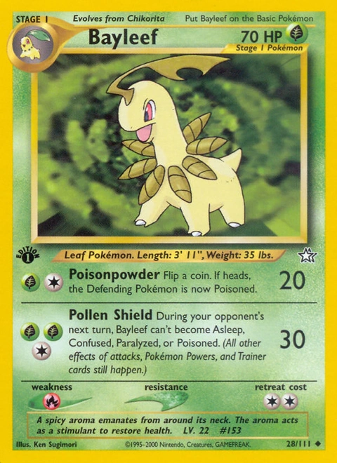 Bayleef Pokémon card from Neo Genesis, number 28 (1st Edition print)