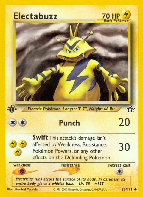 Electabuzz Pokémon card from Neo Genesis, number 33 (1st Edition print)