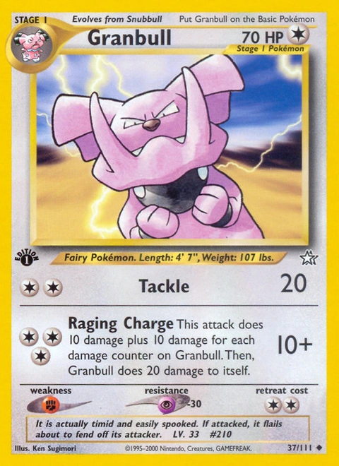 Granbull Pokémon card from Neo Genesis, number 37 (1st Edition print)