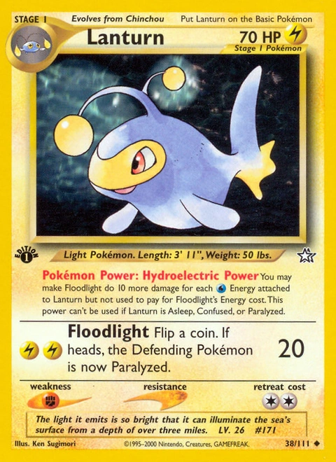 Lanturn Pokémon card from Neo Genesis, number 38 (1st Edition print)