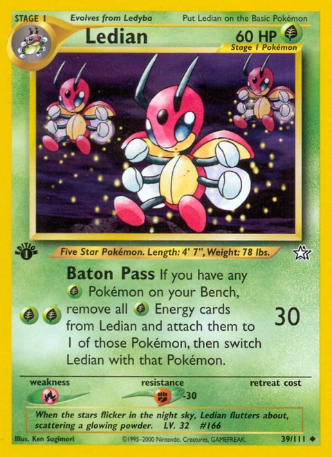 Ledian Pokémon card from Neo Genesis, number 39 (1st Edition print)