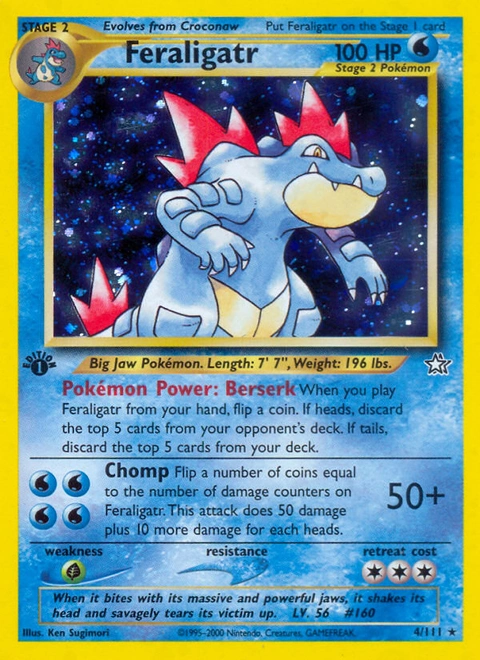 Feraligatr Pokémon card from Neo Genesis, number 4 (1st Edition print)