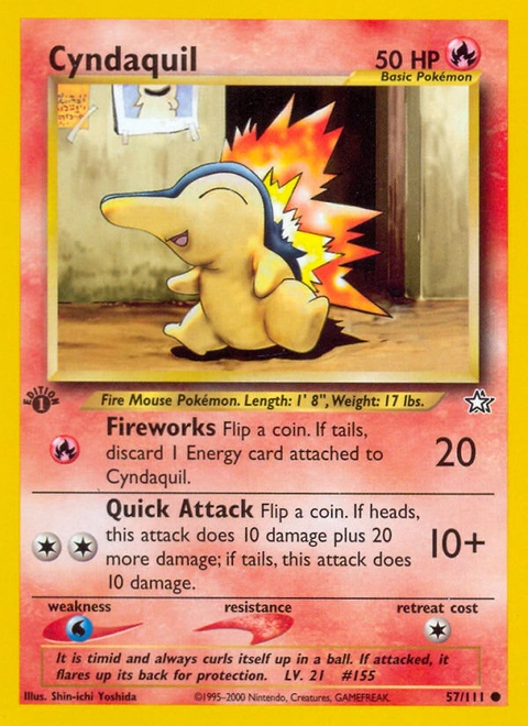 Cyndaquil Pokémon card from Neo Genesis, number 57 (1st Edition print)