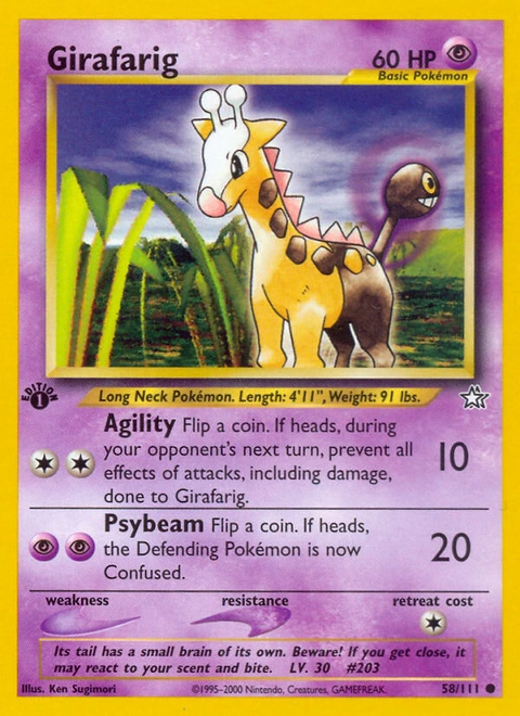 Girafarig Pokémon card from Neo Genesis, number 58 (1st Edition print)