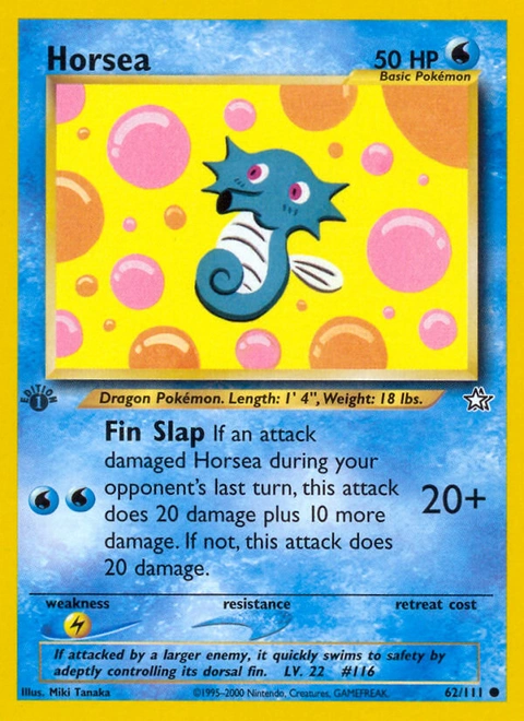 Horsea Pokémon card from Neo Genesis, number 62 (1st Edition print)