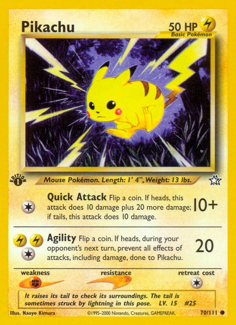 Pikachu Pokémon card from Neo Genesis, number 70 (1st Edition print)