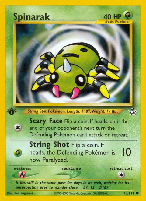 Spinarak Pokémon card from Neo Genesis, number 75 (1st Edition print)