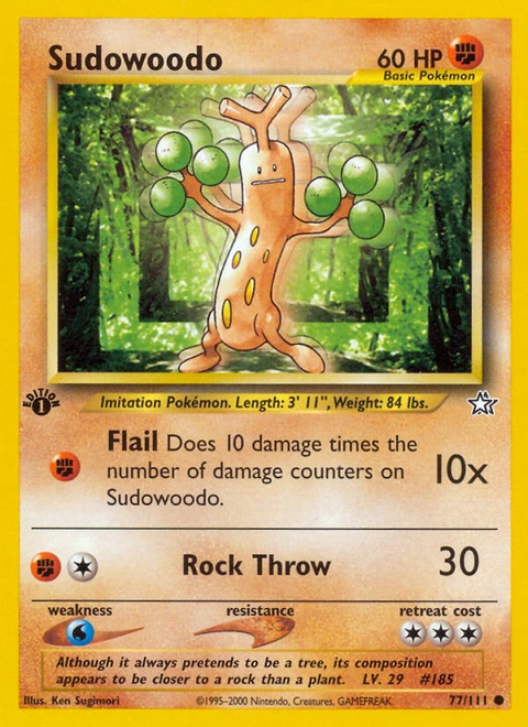 Sudowoodo Pokémon card from Neo Genesis, number 77 (1st Edition print)