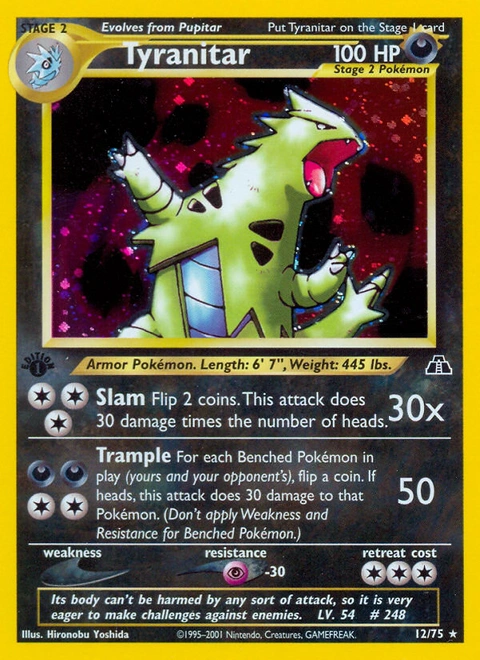 Tyranitar Pokémon card from Neo Discovery, number 12 (1st Edition print)